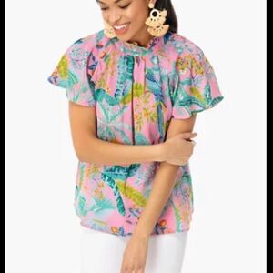 RARE! Banjanan Pink Joyful Wild Lisbon Gauzy Ruffle Mock Neck Trim Top